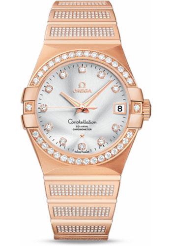 Omega Constellation Jewellery Luxury Edition Chronometer Watch - 38 mm Brushed Red Gold Case - Diamond Bezel - Silver Diamond Dial - 123.55.38.21.52.005 - Luxury Time NYC