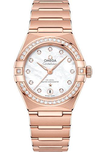 Omega Constellation Manhattan Co-Axial Master Chronometer Watch - 29 mm Sedna Gold Case - Diamond-Paved Bezel - Mother-Of-Pearl Diamond Dial - 131.55.29.20.55.001 - Luxury Time NYC