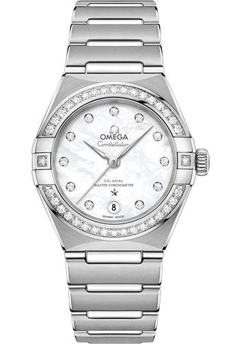 Omega Constellation Manhattan Co-Axial Master Chronometer Watch - 29 mm Steel Case - Diamond-Paved Bezel - Mother-Of-Pearl Diamond Dial - 131.15.29.20.55.001 - Luxury Time NYC