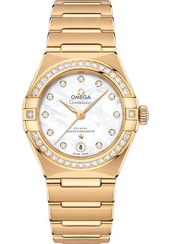 Omega Constellation Manhattan Co-Axial Master Chronometer Watch - 29 mm Yellow Gold Case - Diamond-Paved Bezel - Mother-Of-Pearl Diamond Dial - 131.55.29.20.55.002 - Luxury Time NYC