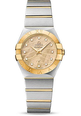 Omega Constellation Quartz 27 mm Watch - 27.0 mm Steel And Yellow Gold Case - 18K Yellow Gold Bezel - Champagne Mother-Of-Pearl Diamond Dial - Steel Bracelet - 123.20.27.60.57.001 - Luxury Time NYC