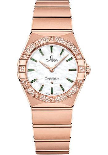 Omega Constellation Quartz - 28 mm Sedna Gold Case - Diamond Bezel - White Mother-Of-Pearl Emerald Dial - 131.55.28.60.55.005 - Luxury Time NYC