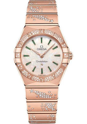 Omega Constellation Quartz - 28 mm Sedna Gold Case - Diamond Bezel - White Opal Emerald Dial - 131.55.28.60.99.004 - Luxury Time NYC