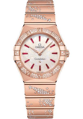 Omega Constellation Quartz - 28 mm Sedna Gold Case - Diamond Bezel - White Opal Ruby Dial - 131.55.28.60.99.003 - Luxury Time NYC