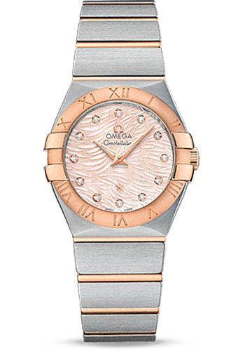 Omega Constellation Quartz Watch - 27 mm Steel Case - 18K Red Gold Bezel - Pink Mother-Of-Pearl Diamond Dial - 123.20.27.60.57.004 - Luxury Time NYC