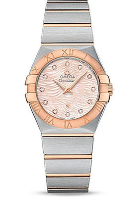 Omega Constellation Quartz Watch - 27 mm Steel Case - 18K Red Gold Bezel - Pink Mother-Of-Pearl Diamond Dial - 123.20.27.60.57.004 - Luxury Time NYC