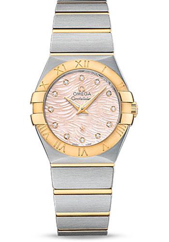 Omega Constellation Quartz Watch - 27 mm Steel Case - 18K Yellow Gold Bezel - Pink Mother-Of-Pearl Diamond Dial - 123.20.27.60.57.005 - Luxury Time NYC