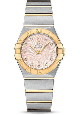Omega Constellation Quartz Watch - 27 mm Steel Case - 18K Yellow Gold Bezel - Pink Mother-Of-Pearl Diamond Dial - 123.20.27.60.57.005 - Luxury Time NYC