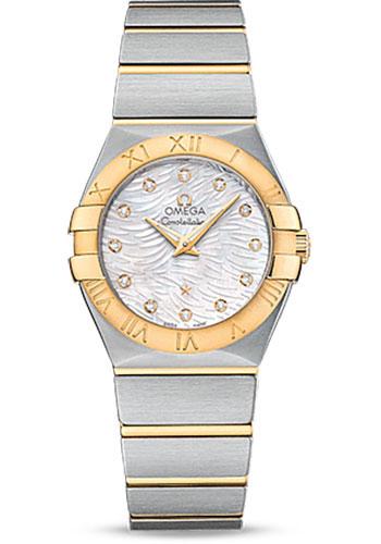 Omega Constellation Quartz Watch - 27 mm Steel Case - Yellow Gold Bezel - Mother-Of-Pearl Diamond Dial - 123.20.27.60.55.008 - Luxury Time NYC