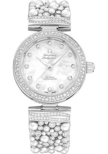 Omega De Ville Ladymatic Omega Co-Axial - 34 mm White Gold Case - Diamond Bezel - White Pearled Mother-Of-Pearl Diamond Dial - 425.65.34.20.55.013 - Luxury Time NYC