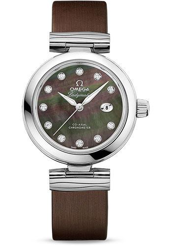 Omega De Ville Ladymatic Omega Co-Axial Watch - 34 mm Steel Case - Black Diamond Dial - Brown Leather Strap - 425.32.34.20.57.004 - Luxury Time NYC