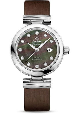 Omega De Ville Ladymatic Omega Co-Axial Watch - 34 mm Steel Case - Black Diamond Dial - Brown Leather Strap - 425.32.34.20.57.004 - Luxury Time NYC