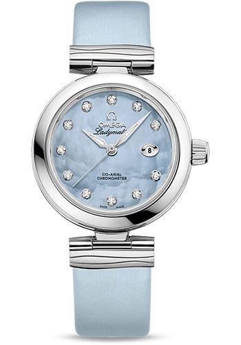 Omega De Ville Ladymatic Omega Co-Axial Watch - 34 mm Steel Case - Blue Diamond Dial - Blue Leather Strap - 425.32.34.20.57.003 - Luxury Time NYC
