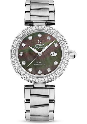 Omega De Ville Ladymatic Omega Co-Axial Watch - 34 mm Steel Case - Diamond Bezel - Black Diamond Dial - 425.35.34.20.57.004 - Luxury Time NYC