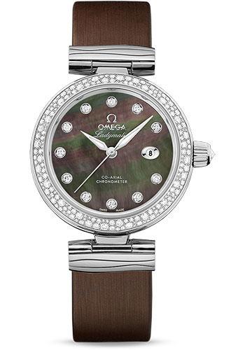 Omega De Ville Ladymatic Omega Co-Axial Watch - 34 mm Steel Case - Diamond Bezel - Black Diamond Dial - Grey Leather Strap - 425.37.34.20.57.004 - Luxury Time NYC