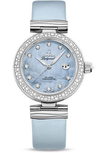 Omega De Ville Ladymatic Omega Co-Axial Watch - 34 mm Steel Case - Diamond Bezel - Blue Diamond Dial - Blue Leather Strap - 425.37.34.20.57.003 - Luxury Time NYC