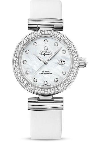 Omega De Ville Ladymatic Omega Co-Axial Watch - 34 mm Steel Case - Diamond Bezel - White Diamond Dial - White Leather Strap - 425.37.34.20.55.002 - Luxury Time NYC