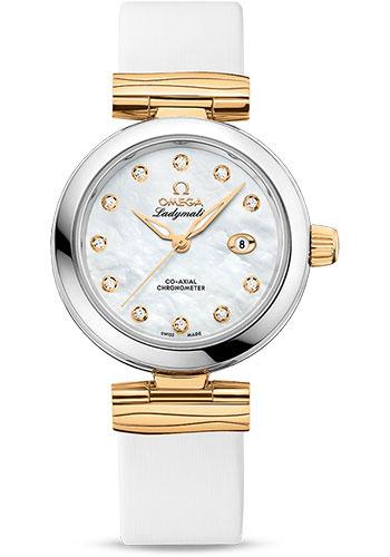 Omega De Ville Ladymatic Omega Co-Axial Watch - 34 mm Steel Case - White Diamond Dial - White Leather Strap - 425.22.34.20.55.003 - Luxury Time NYC