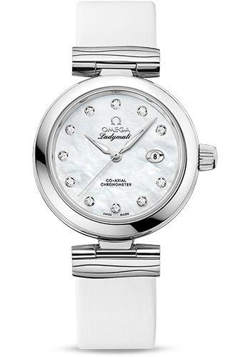 Omega De Ville Ladymatic Omega Co-Axial Watch - 34 mm Steel Case - White Diamond Dial - White Leather Strap - 425.32.34.20.55.002 - Luxury Time NYC