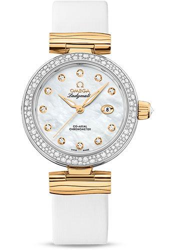 Omega De Ville Ladymatic Omega Co-Axial Watch - 34 mm Steel - Yellow Gold Case - Diamond Bezel - White Diamond Dial - White Leather Strap - 425.27.34.20.55.003 - Luxury Time NYC