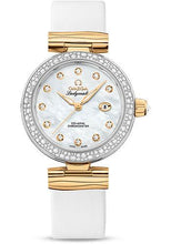 Load image into Gallery viewer, Omega De Ville Ladymatic Omega Co-Axial Watch - 34 mm Steel - Yellow Gold Case - Diamond Bezel - White Diamond Dial - White Leather Strap - 425.27.34.20.55.003 - Luxury Time NYC
