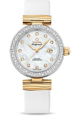 Omega De Ville Ladymatic Omega Co-Axial Watch - 34 mm Steel - Yellow Gold Case - Diamond Bezel - White Diamond Dial - White Leather Strap - 425.27.34.20.55.003 - Luxury Time NYC