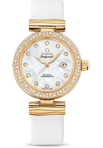 Omega De Ville Ladymatic Omega Co-Axial Watch - 34 mm Yellow Gold Case - Diamond Bezel - White Diamond Dial - White Leather Strap - 425.67.34.20.55.007 - Luxury Time NYC