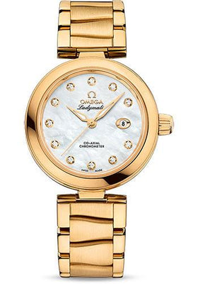 Omega De Ville Ladymatic Omega Co-Axial Watch - 34 mm Yellow Gold Case - White Diamond Dial - 425.60.34.20.55.003 - Luxury Time NYC