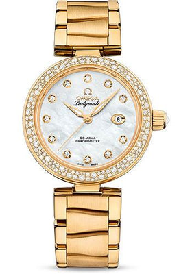 Omega De Ville Ladymatic Omega Co-Axial Watch - 34 mm Yellow Gold Case - White Diamond Dial - 425.65.34.20.55.009 - Luxury Time NYC