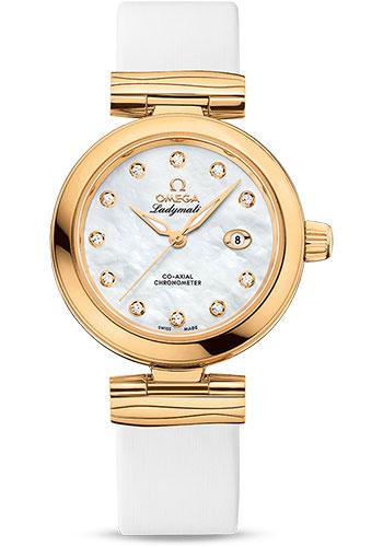 Omega De Ville Ladymatic Omega Co-Axial Watch - 34 mm Yellow Gold Case - White Diamond Dial - White Leather Strap - 425.62.34.20.55.003 - Luxury Time NYC