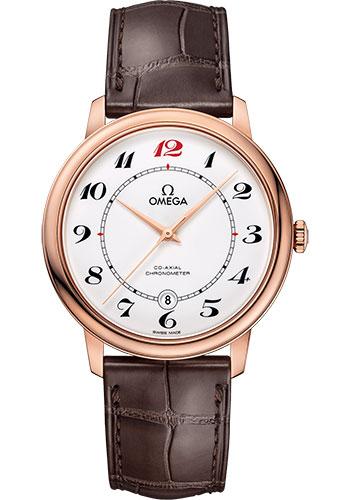 Omega De Ville Prestige Co Axial De Ville 50th anniversary Watch 39.5 mm Red Gold Case White Enamel Dial Brown Leather Strap