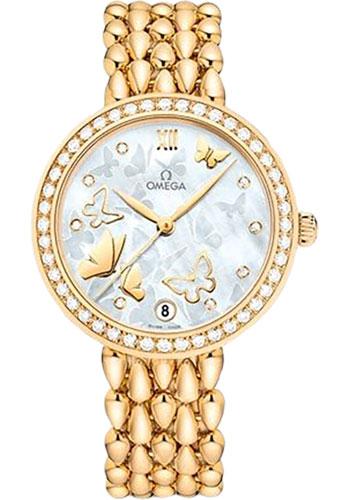 Omega De Ville Prestige Co-Axial Dewdrop Watch - 32.7 mm Yellow Gold Case - Delicate Diamond-Set Bezel - Ornate Dial - 424.55.33.20.55.008 - Luxury Time NYC