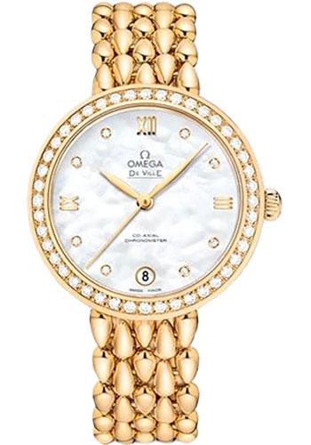 Omega De Ville Prestige Co-Axial Dewdrop Watch - 32.7 mm Yellow Gold Case - Radiant Diamond-Set Bezel - Ornate Dial - 424.55.33.20.55.009 - Luxury Time NYC