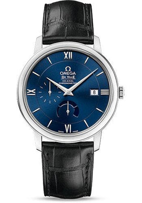 Omega De Ville Prestige Co-Axial Power Reserve Watch - 39.5 mm Steel Case - Blue Dial - Black Leather Strap - 424.13.40.21.03.001 - Luxury Time NYC