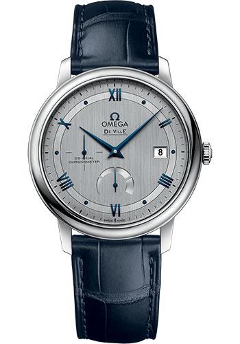 Omega De Ville Prestige Co-Axial Power Reserve Watch - 39.5 mm Steel Case - Rhodium-Silvery Dial - Blue Leather Strap - 424.13.40.21.02.003 - Luxury Time NYC