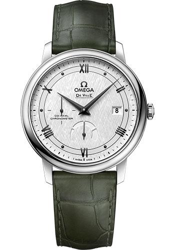 Omega De Ville Prestige Co-Axial Power Reserve Watch - 39.5 mm Steel Case - White Silvery Dial - Hunter Green Leather Strap - 424.13.40.21.02.004 - Luxury Time NYC