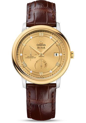 Omega De Ville Prestige Co-Axial Power Reserve Watch - 39.5 mm Steel Case - Yellow Gold Bezel - Champagne Diamond Dial - Brown Leather Strap - 424.23.40.21.58.001 - Luxury Time NYC