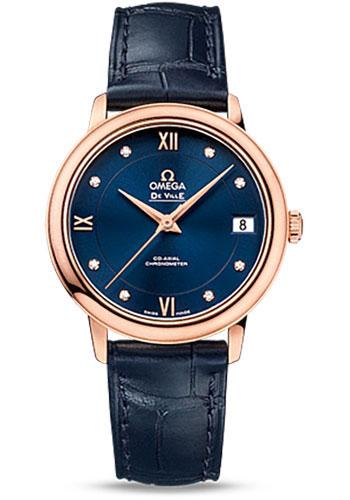 Omega De Ville Prestige Co-Axial Watch - 32.7 mm 18K Red Gold Case - Blue Diamond Dial - Blue Leather Strap - 424.53.33.20.53.001 - Luxury Time NYC