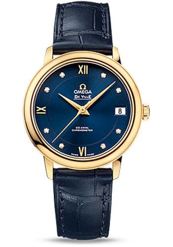 Omega De Ville Prestige Co-Axial Watch - 32.7 mm 18K Yellow Gold Case - Blue Diamond Dial - Blue Leather Strap - 424.53.33.20.53.002 - Luxury Time NYC