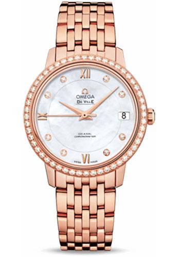 Omega De Ville Prestige Co-Axial Watch - 32.7 mm Red Gold Case - Diamond Bezel - Mother-Of-Pearl Diamond Dial - 424.55.33.20.55.002 - Luxury Time NYC