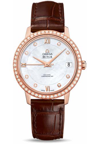 Omega De Ville Prestige Co-Axial Watch - 32.7 mm Red Gold Case - Diamond Bezel - Mother-Of-Pearl Diamond Dial - Brown Leather Strap - 424.58.33.20.55.001 - Luxury Time NYC