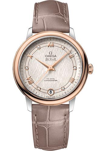 Omega De Ville Prestige Co-Axial Watch - 32.7 mm Steel And Red Gold Case - Ivory Silvery Dial - Taupe-Brown Leather Strap - 424.23.33.20.52.003 - Luxury Time NYC