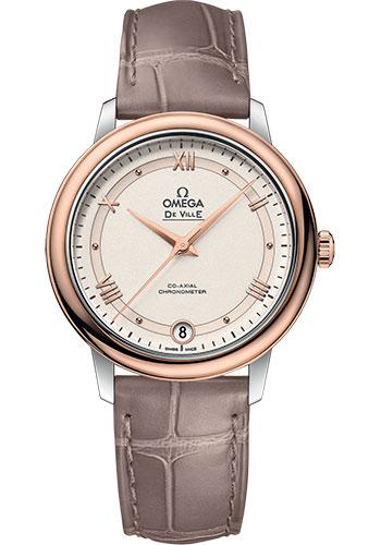 Omega De Ville Prestige Co-Axial Watch - 32.7 mm Steel And Red Gold Case - Varnished Shimmer Ivory-Beige Dial - Taupe-Brown Leather Strap - 424.23.33.20.09.001 - Luxury Time NYC