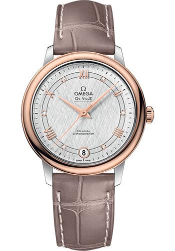 Omega De Ville Prestige Co-Axial Watch - 32.7 mm Steel And Red Gold Case - White Silvery Dial - Taupe-Brown Leather Strap - 424.23.33.20.52.002 - Luxury Time NYC