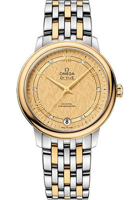 Omega De Ville Prestige Co-Axial Watch - 32.7 mm Steel And Yellow Gold Case - Champagne Dial - 424.20.33.20.58.003 - Luxury Time NYC