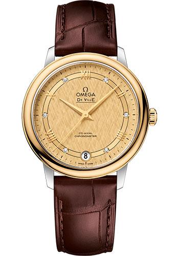 Omega De Ville Prestige Co-Axial Watch - 32.7 mm Steel And Yellow Gold Case - Champagne Dial - Brown Leather Strap - 424.23.33.20.58.001 - Luxury Time NYC