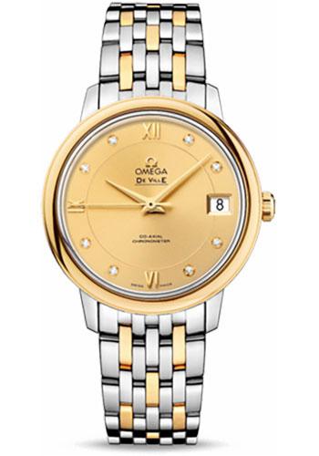 Omega De Ville Prestige Co-Axial Watch - 32.7 mm Steel And Yellow Gold Case - Champagne Diamond Dial - 424.20.33.20.58.001 - Luxury Time NYC