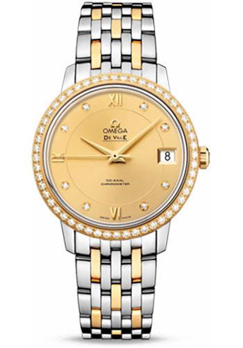 Omega De Ville Prestige Co-Axial Watch - 32.7 mm Steel And Yellow Gold Case - Diamond Bezel - Champagne Diamond Dial - 424.25.33.20.58.001 - Luxury Time NYC