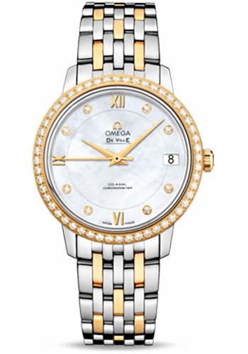 Omega De Ville Prestige Co-Axial Watch - 32.7 mm Steel And Yellow Gold Case - Diamond Bezel - Mother-Of-Pearl Diamond Dial - 424.25.33.20.55.001 - Luxury Time NYC