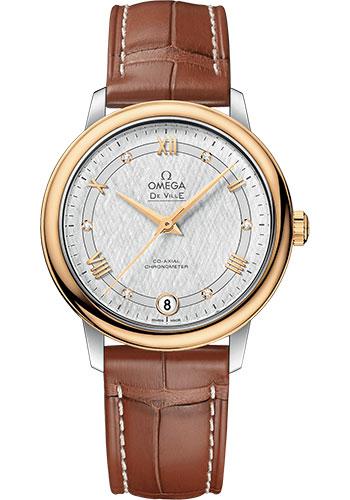 Omega De Ville Prestige Co-Axial Watch - 32.7 mm Steel And Yellow Gold Case - White Silvery Dial - Light Brown Leather Strap - 424.23.33.20.52.001 - Luxury Time NYC